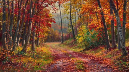 Obraz premium A picturesque autumn scene of an old forest road, covered in fallen leaves and adorned with vibrant reds, oranges, yellows, and greens