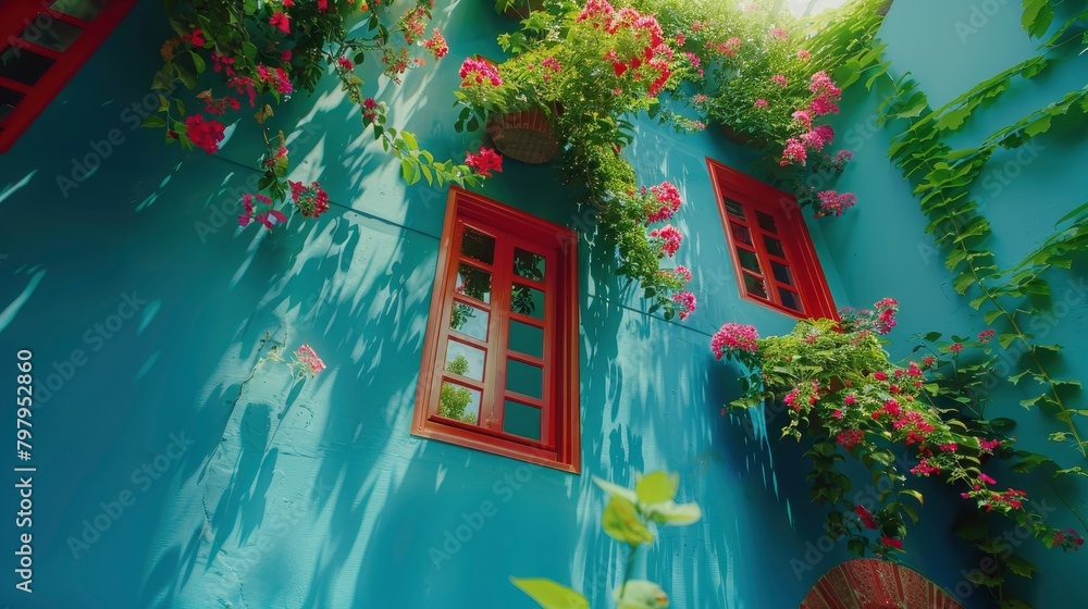 Wall mural A picturesque scene featuring a blue wall adorned with striking red window frames, adorned with lush green plants and vibrant pink flowers cascading down the walls