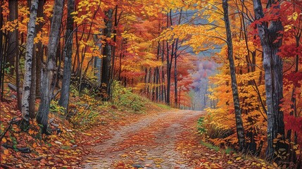 Fototapeta premium A picturesque autumn scene of an old forest road, covered in fallen leaves and adorned with vibrant reds, oranges, yellows, and greens