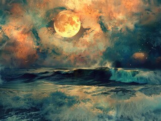 Moonrise over turbulent seas amidst a colorful sky.
