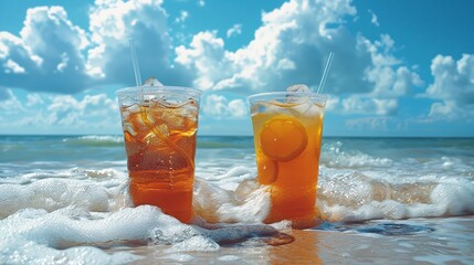 two glasses of orange juice on a beach with foamy water and a cloudy sky in the background
