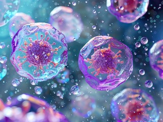 Colorful illuminated cells in liquid.