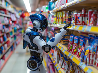 AI-Generated image of A robot is shopping in a store. The robot is blue and white