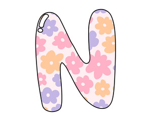 Cute Floral Alphabet Clipart N, Colorful Floral Font N, Flowers Doodle letters, Hand Drawn Doodle Alpha Patterned, Balloon Letter, Bubble Font.