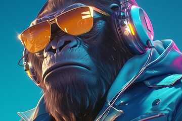 gorilla with headphones and sunglasses, colorful fur, dark background, neon light effect