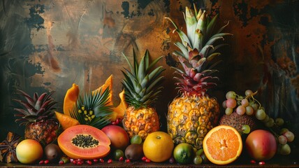 Exotic tropical fruits on a dark textured background. - obrazy, fototapety, plakaty