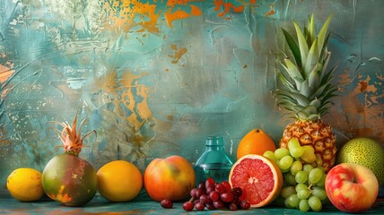 Composition with tropical fruits on a textured backdrop. - obrazy, fototapety, plakaty
