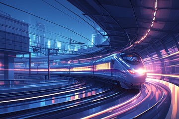 Fototapeta na wymiar High-speed train in motion, light trails and neon lights, blurred background of the station platform. A high speed bullet train is moving fast through a dark tunnel with glowing blue lines. 