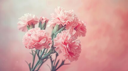 Create a charming Mother s Day greeting design featuring a delightful bouquet of carnations set against a soft pastel pink backdrop