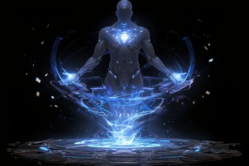 human body with visible aura energy around it, background is black 