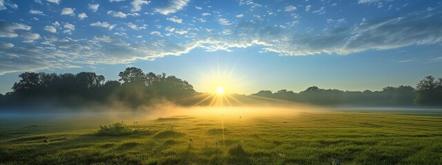a field with a sun shining through the clouds - obrazy, fototapety, plakaty