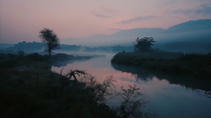 a river with a few trees on the side of it and a foggy sky above it - obrazy, fototapety, plakaty