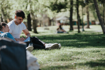 Group of high school students sitting in a park, working on homework in a collaborative and relaxed...