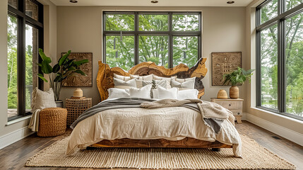 Bed near the window using natural materials. Interior details. Design inspired by nature