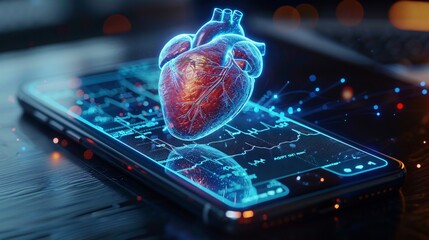 A 3D rendering of a heart on a smartphone screen. The heart is red and blue and the background is black. - obrazy, fototapety, plakaty