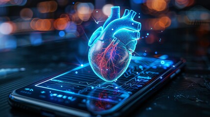 A 3D rendering of a heart on a smartphone screen. - obrazy, fototapety, plakaty