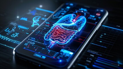 A 3D rendering of a human digestive system on a smartphone screen. - obrazy, fototapety, plakaty