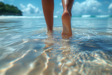 Relaxing by the sea: a sunny bright day, women's legs in clear water, reflection, shine and splash of water, golden sand create an ideal picture of relaxation