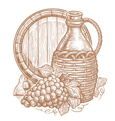 Obraz premium Jug of wine, grapes and wooden barrel. Winery, pub sketch. Hand drawn vintage vector illustration