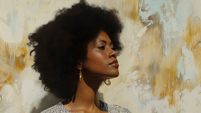 painting of a black woman with big afro hair against old grunge wall, copy space for text