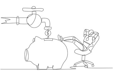 Single continuous line drawing a robot sit relax on chair to see money faucet flow into savings piggy bank. Profit-making robot. Lot of profit. Future technology. One line design vector illustration