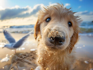 Playful close-up of a golden retriever puppys face with sand on its nose