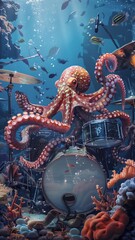 Octopus drummer submerged underwater, skillfully playing a drum kit with its tentacles, creating a lively and rhythmic aquatic performance