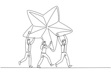 Single continuous line drawing a group of businessmen and businesswomen work together carrying star. Working together to achieve dreams together. Amazing team work. One line design vector illustration