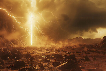 Electric storms raging over a desolate alien landscape.