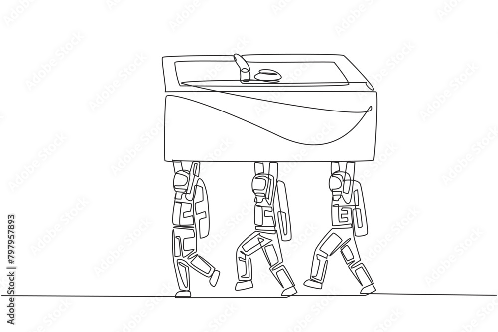 Aufkleber single one line drawing a group of astronauts work together carrying safe deposit box. maximum funct
