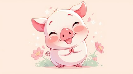 A cheerful baby pig cartoon with a big smile gleefully framed in a circle