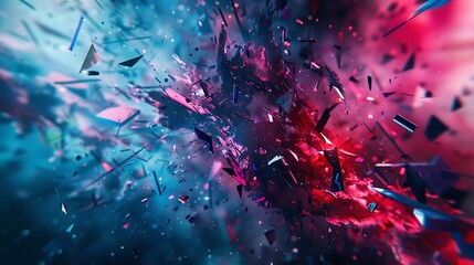Abstract background with explosion effect. 3D rendering of an abstract explosion with particles and debris flying in all directions. - obrazy, fototapety, plakaty