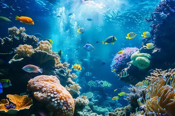 Utilize underwater photography to depict a vibrant coral reef teeming with colorful fish. Showcase the intricate coral formations and the interplay of light filtering through the clear blue water.