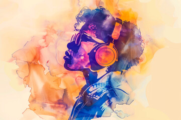 Watercolor painting of a man with headphones listening to music, colorful illustration in retro style
