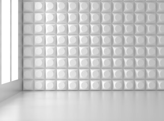 Empty Interior Background. Room With Pattern Wall In White Color. 3D Render Illustration. 