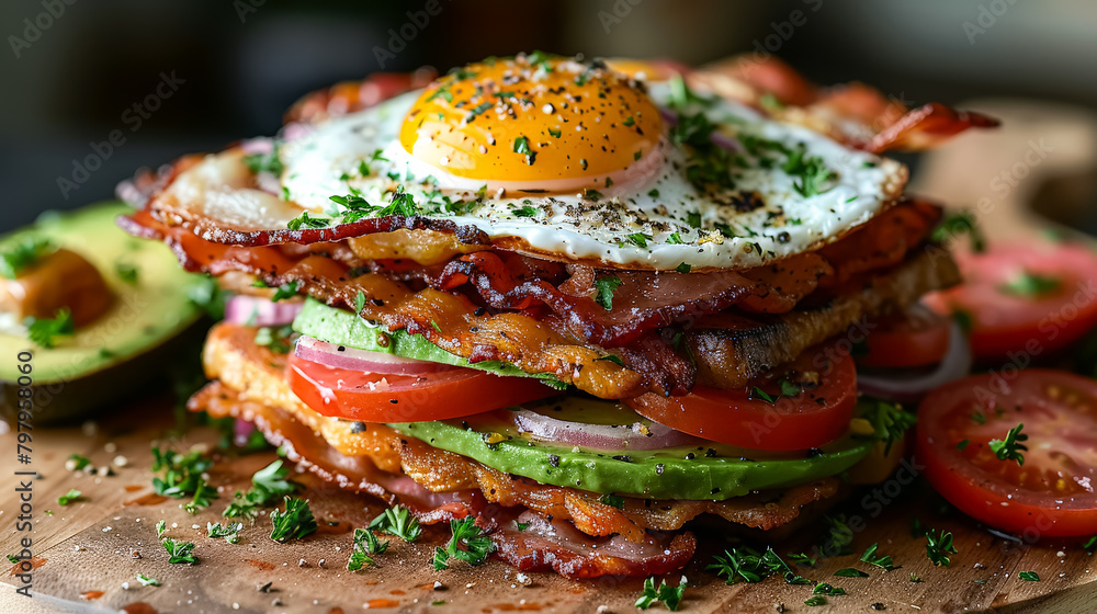 Wall mural a stack of bacon, egg, and tomato sandwiches on a wooden table. the sandwiches are piled high and lo