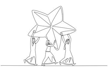 Single continuous line drawing a group of Arab businessmen and Arab businesswomen work together carrying star. Strengthen each other. Achieving dreams together. One line design vector illustration