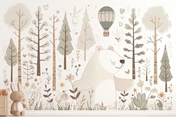 Cute bear, cute fox and cute rabbit in the forest with a hot air balloon in pink and beige colors