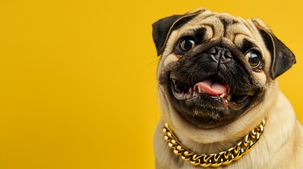 A studio shot of an adorable pug with a gold necklace on a yellow background.