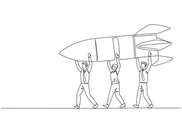 Continuous one line drawing a group of businessmen and businesswomen work together carrying a rocket. Preparing for new business. Get a promotion. Success. Single line draw design vector illustration