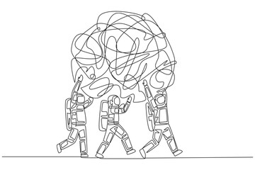 Continuous one line drawing group of astronauts work together carrying heavy messy circle. Entertain. Eliminates anxiety. No stress. Cosmonaut outer space. Single line draw design vector illustration