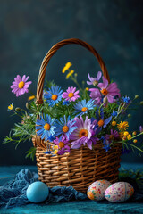 Fototapeta na wymiar Easter eggs in a basket with colorful flowers 