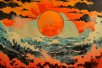 Vintage illustration in Japanese style with waves and sunset