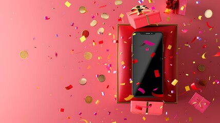A black smartphone with a red gift box on a pink background.