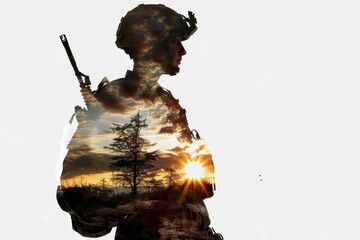 Silhouette of Soldier and Battlefield Isolated on White - Military Concepts, Armed Forces Deployment, Heroic Symbolism - obrazy, fototapety, plakaty
