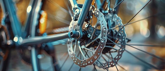 Part of the bicycles braking system Grey metal brake disc and brake pads on road bike, close up