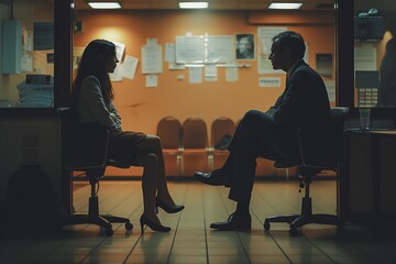 Boss talks to employee late at night in the office. Man and woman sits inside the room having a conversation. - obrazy, fototapety, plakaty