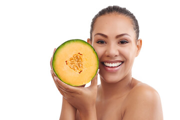 Portrait, woman and melon in studio for diet, health and nutrition on white background. Fruit,...