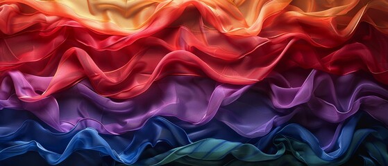 Rainbow colorful of lgbtq pride flag made from silk material in horizontal photo - obrazy, fototapety, plakaty