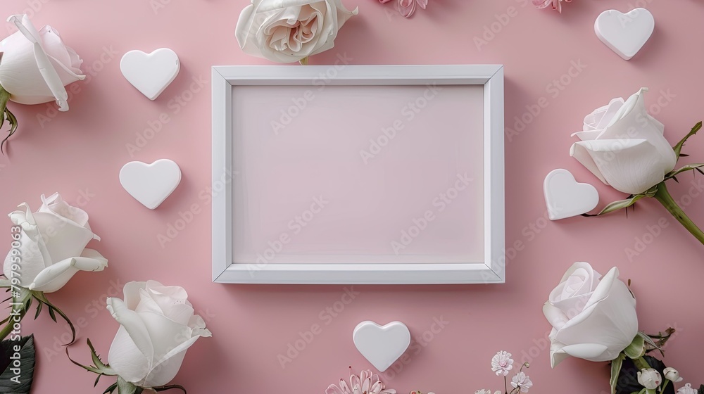 Canvas Prints Flat lay arrangement featuring a white frame set against a soft pastel backdrop adorned with delicate pink roses and white hearts creating a Valentine s Day theme with ample space for text